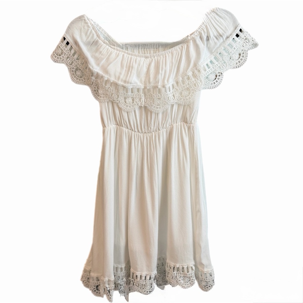 White Off-Shoulder Crochet Lace Cottagecore, Boho Mini Dress | Size Small